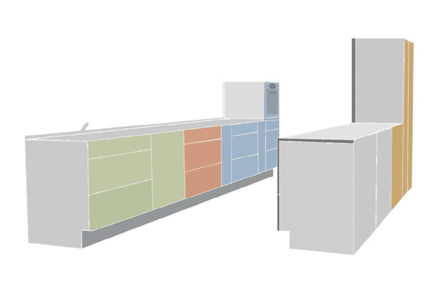 Illustration of a galley kitchen with different working zones colour co-ordinated