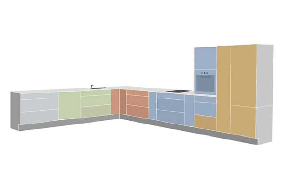 Illustration of an L-shaped kitchen with different working zones colour co-ordinated