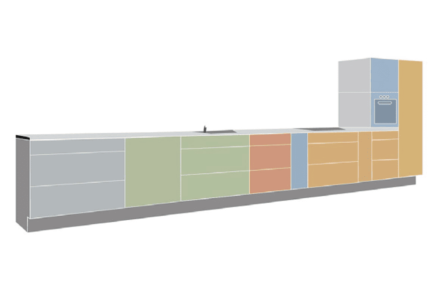 Illustration of a single counter kitchen with different working zones colour co-ordinated