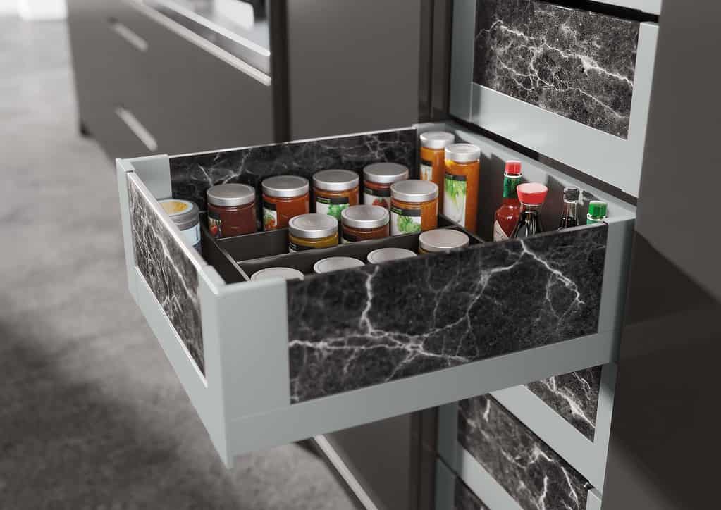 AvanTech YOU pantry drawer with custom marble inlay and interior organisation