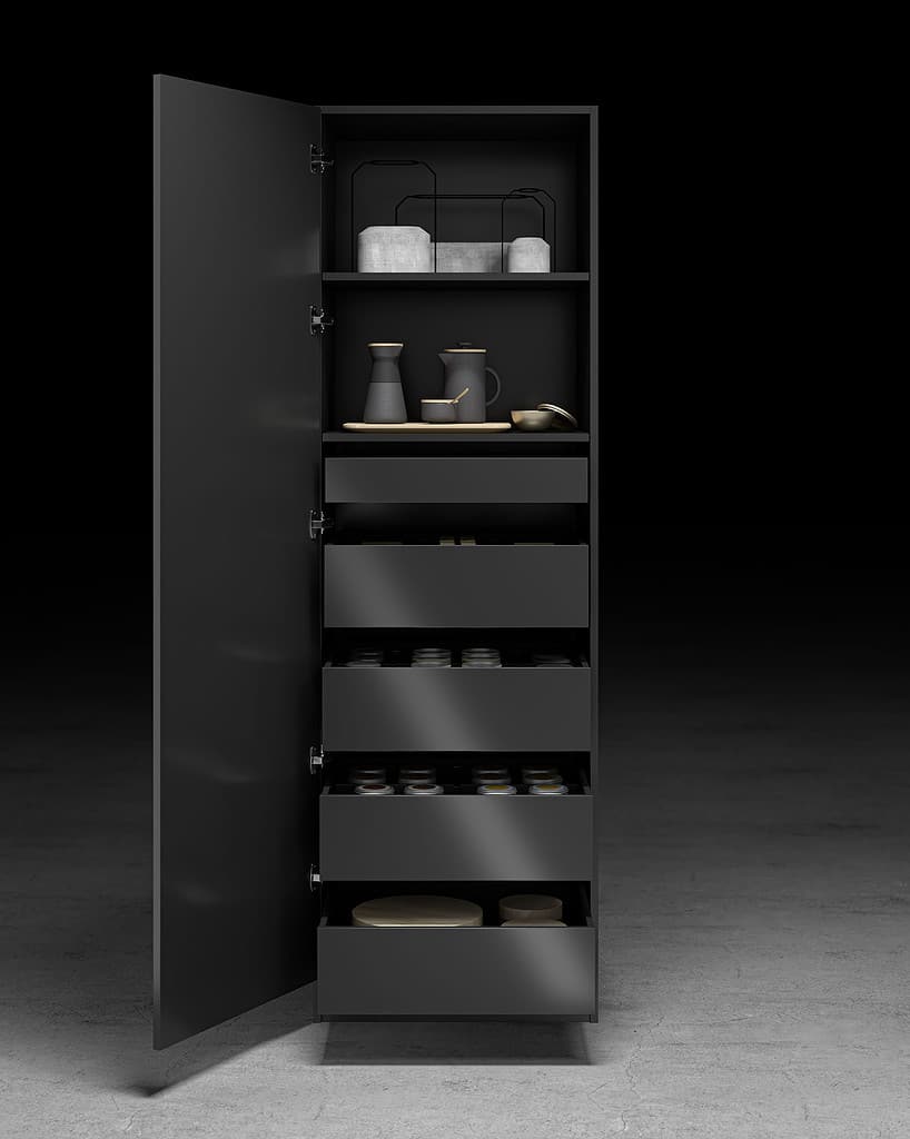 A tall pantry-stacker unit using AvanTech YOU drawers in anthracite and obsidian black Sensys hinges