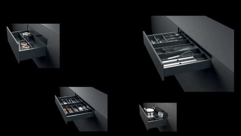 A range of interior organisation for drawers featured in an anthracite AvanTech YOU drawer. A smart storage solution.