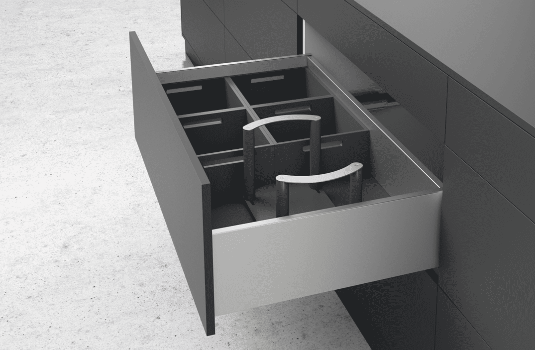Black drawer with wooden black boxes and plate holder