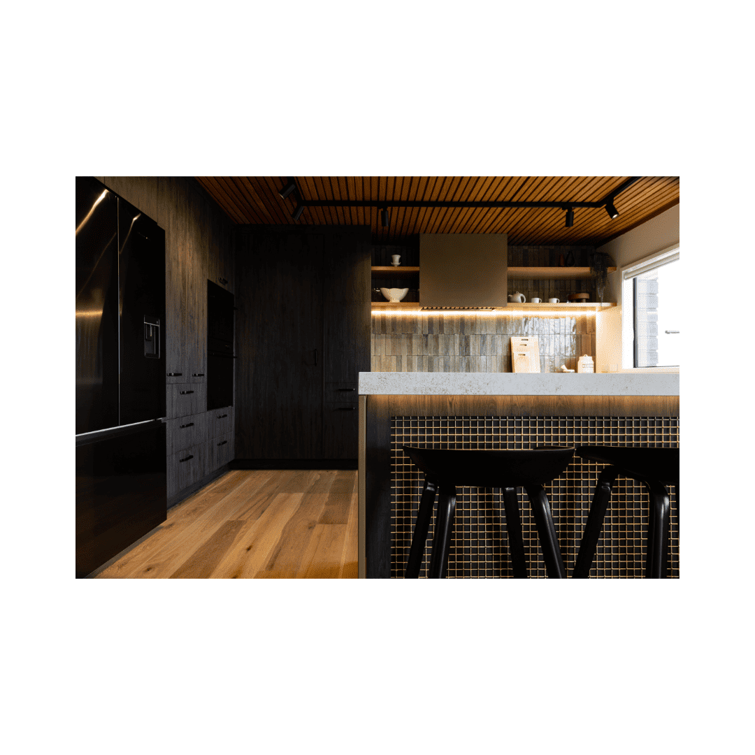 Auckland dark kitchen with warm tones. Wood and metal accents.