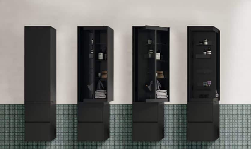 Four rotations of the FurnSpin by Hettich. A rotating cabinet that goes from fully enclosed to open shelving.