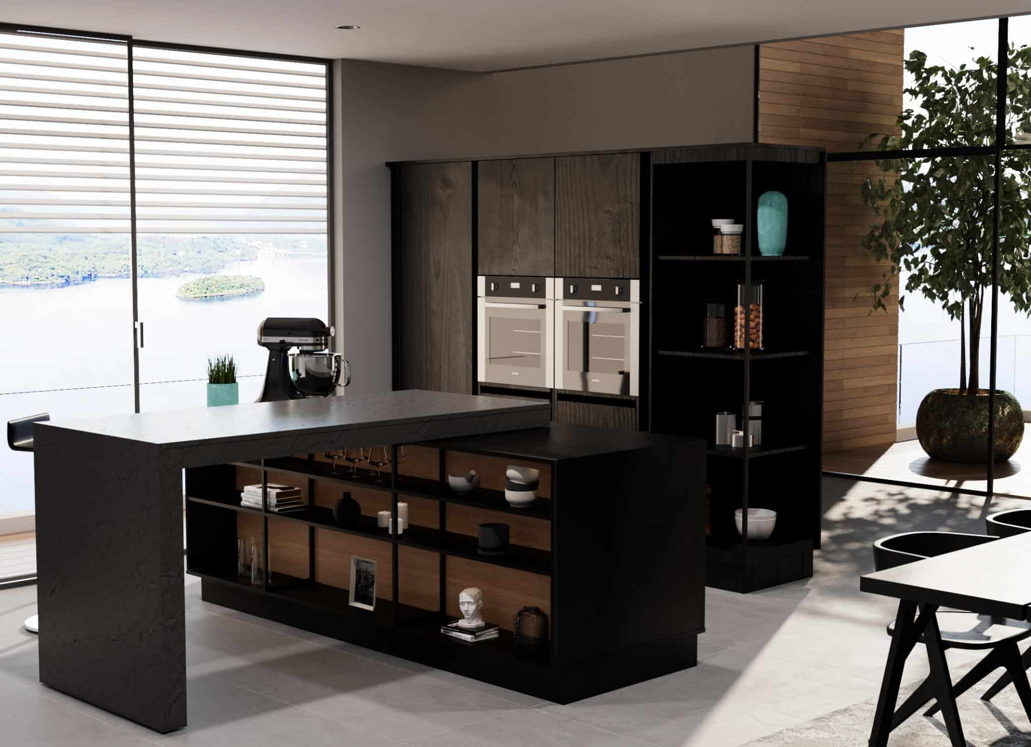 Black kitchen using revolving bench top with FurnSpin
