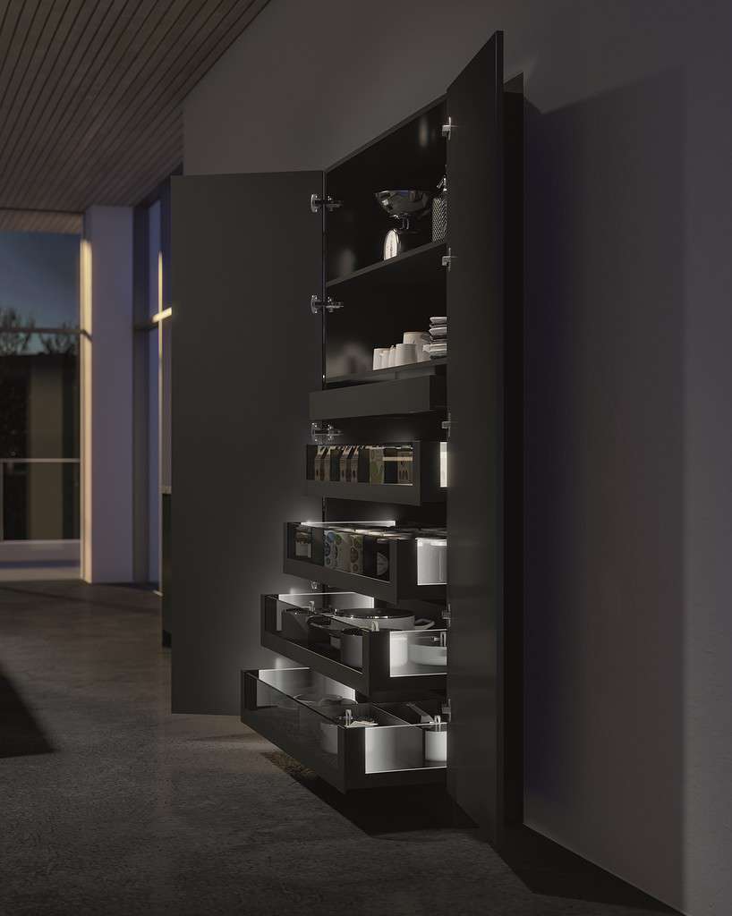 AvanTech YOU LightTower designer drawers in black with inlay and profile lighting as a pantry tower or stacker