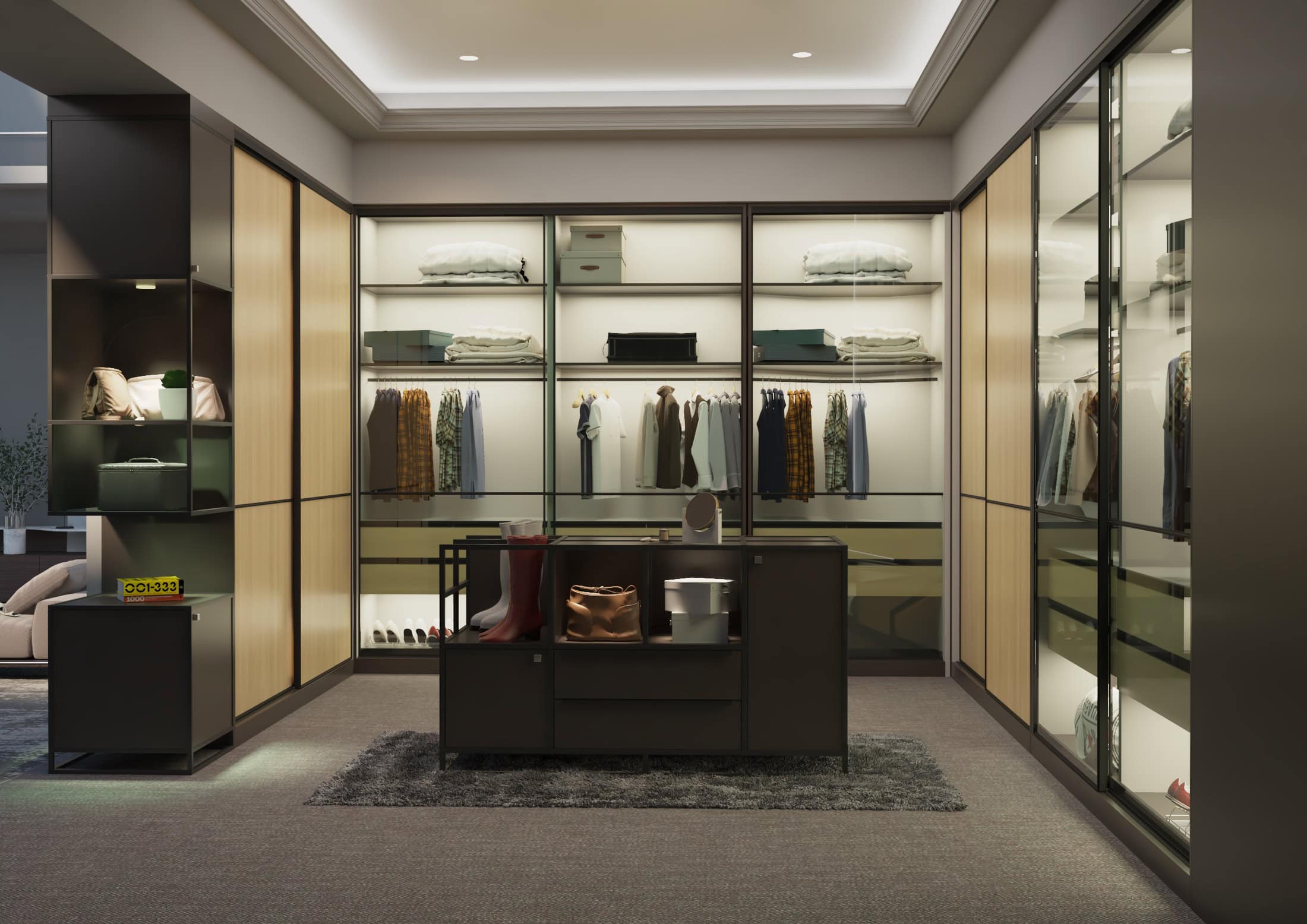 cadro walk in wardrobe with lighting and warm tones