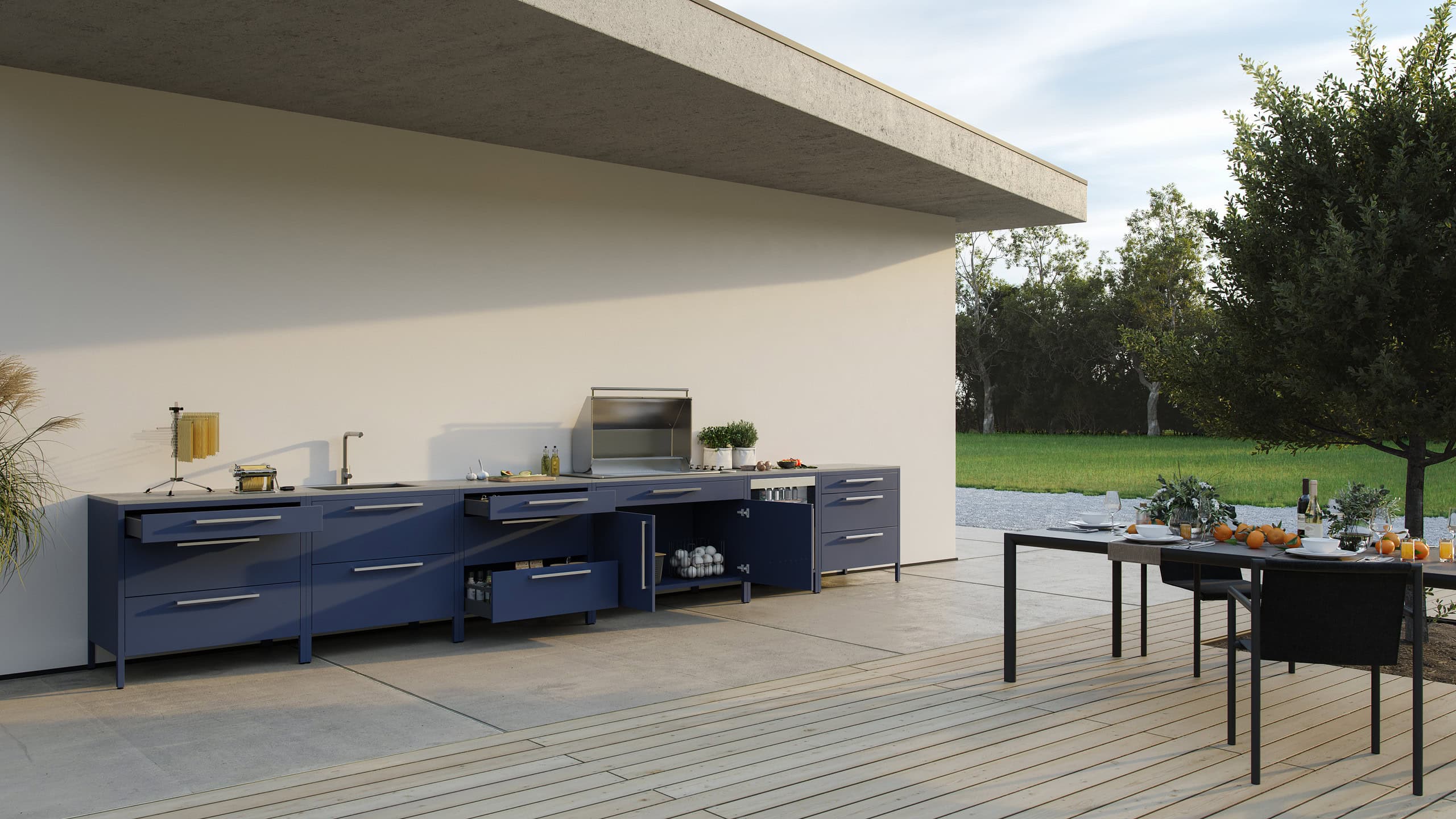 InnoTech Atira drawers, Quadro Compact runners and Veosys hinges in a nanvy blue minimalist stylish outdoor kitchen