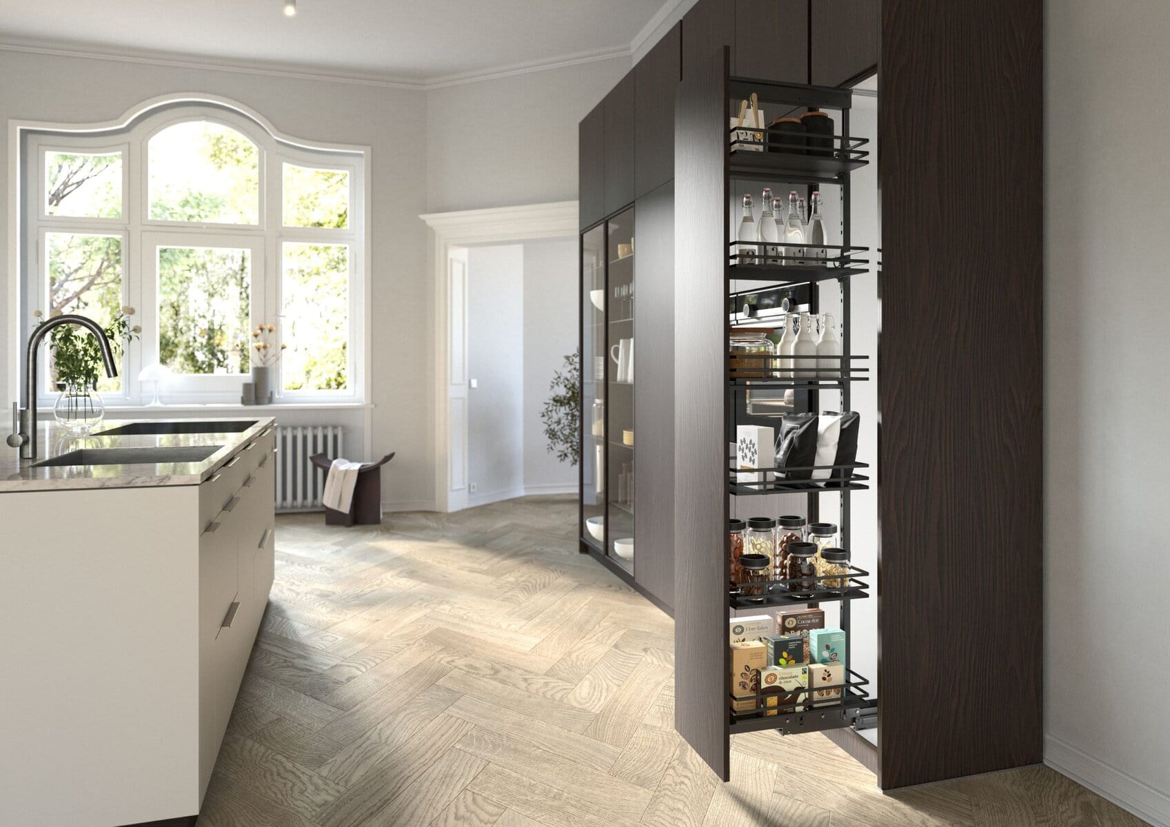 Olona pull-out pantry unit by Hettich. DesignLine 400 shelves in anthracite.