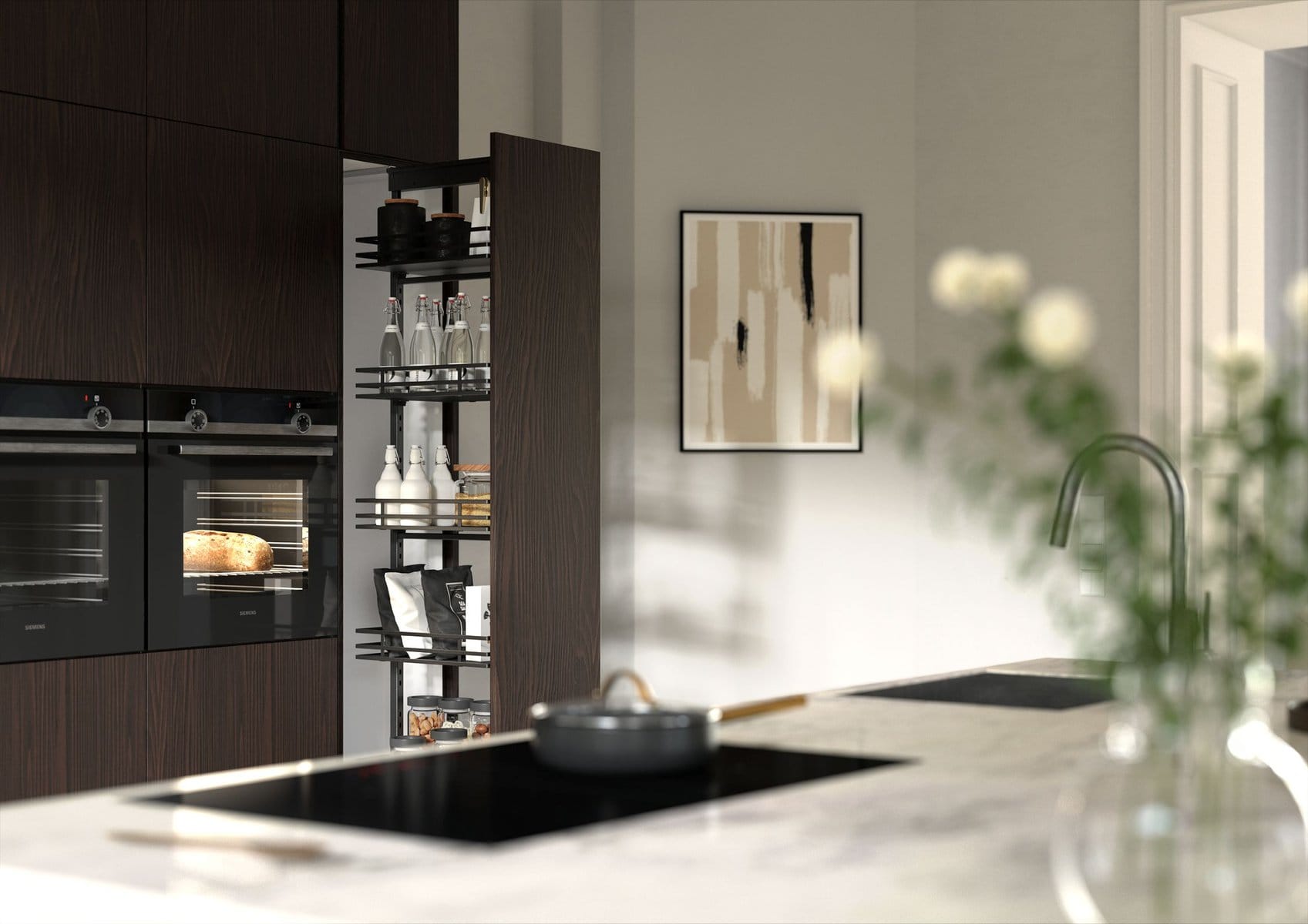 Olona pull-out pantry with DesignLine 400 sides, flat wire railings, in anthracite