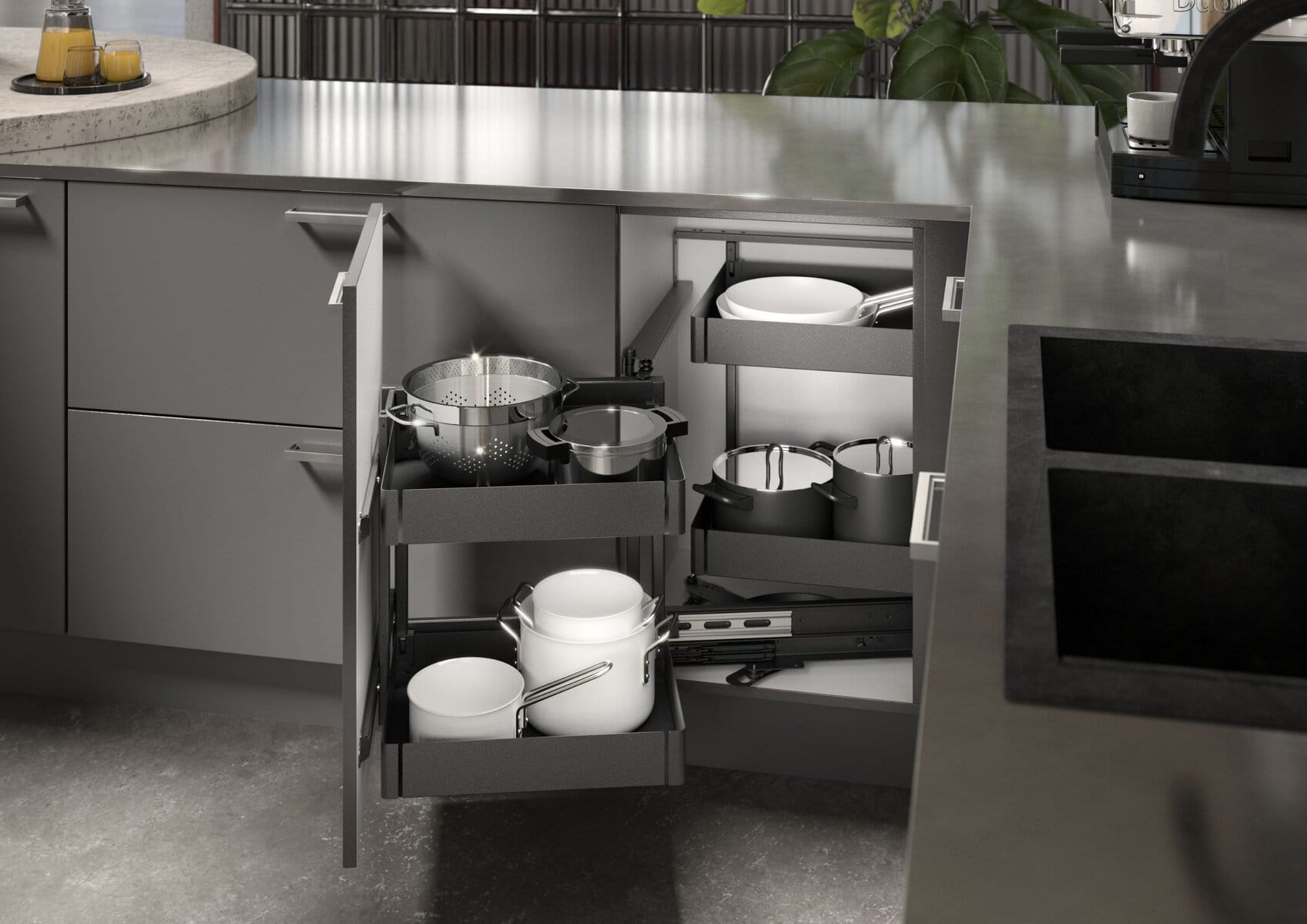 Olona pull-out pantry unit by Hettich. DesignLine 400 shelves in anthracite.