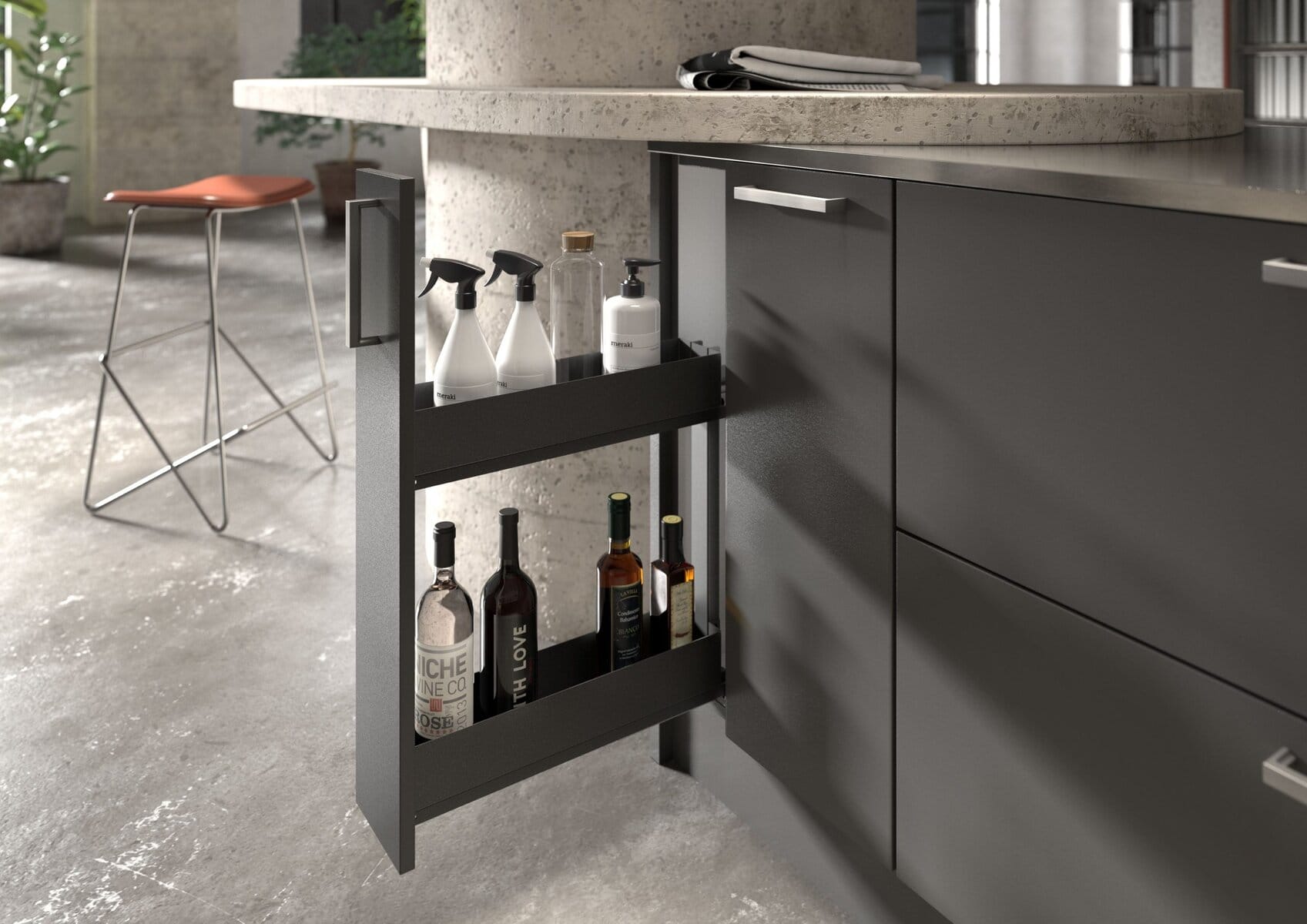 Olona pull-out pantry unit by Hettich. DesignLine 400 shelves in anthracite.