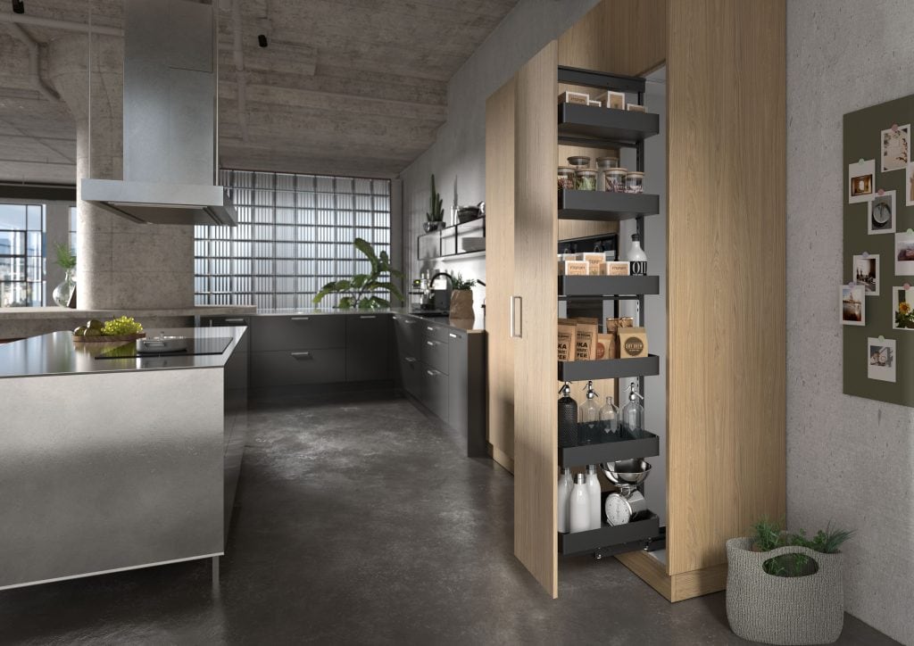 Olona pull-out pantry, DesignLine 200 sides, solid steel in anthracite