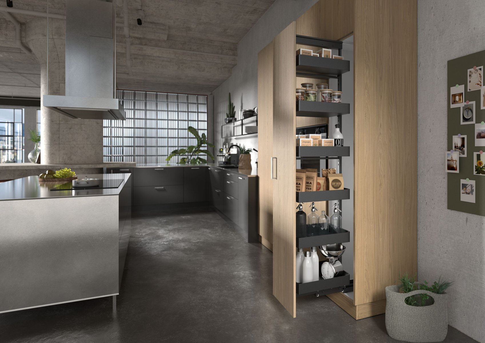 Olona pull-out pantry, DesignLine 200 sides, solid steel in anthracite