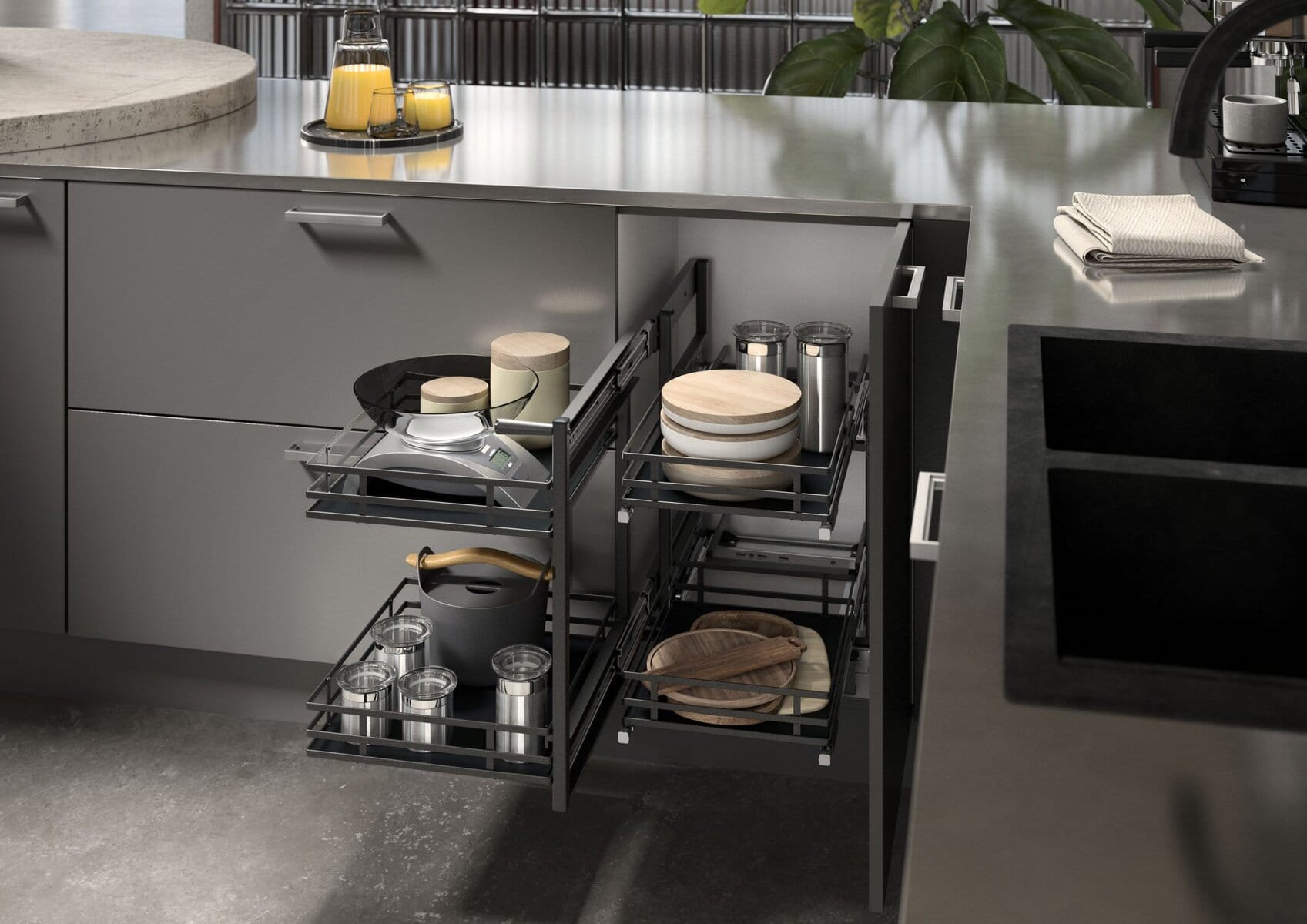 Olona pull-out pantry with DesignLine 400 sides, flat wire railings, in anthracite
