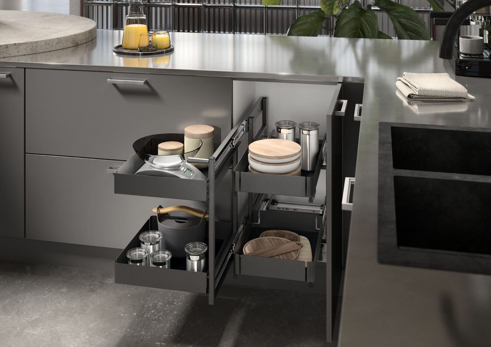 Orta corner unit pull-out system, DesignLine 200, solid steel sides